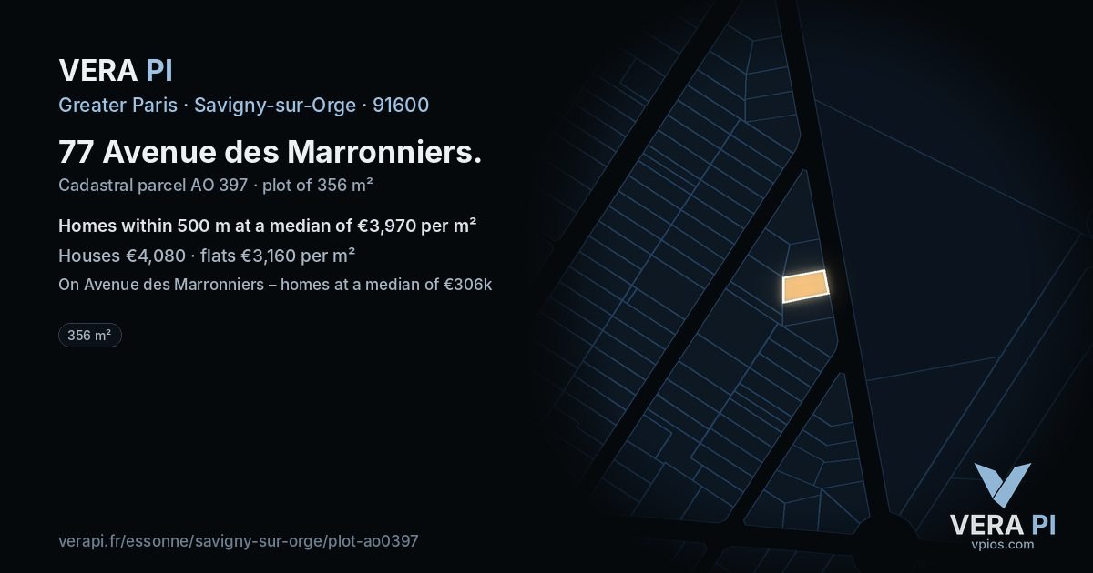 77 Avenue des Marronniers, Savigny-sur-Orge at night – the plot lit, the parcels around coloured by the prices near them