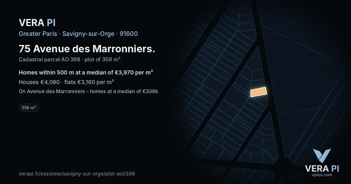 75 Avenue des Marronniers, Savigny-sur-Orge at night – the plot lit, the parcels around coloured by the prices near them