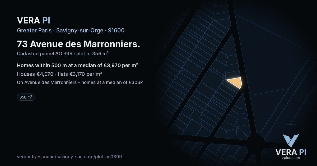 73 Avenue des Marronniers, Savigny-sur-Orge at night – the plot lit, the parcels around coloured by the prices near them