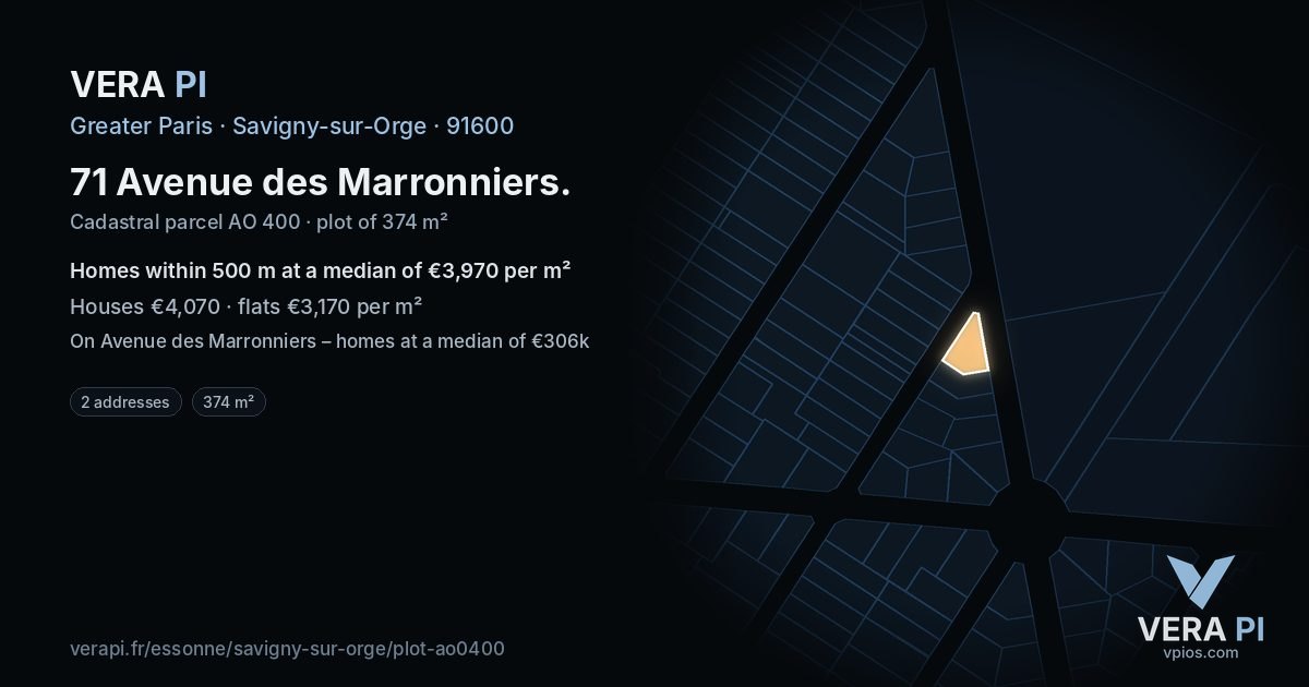 71 Avenue des Marronniers, Savigny-sur-Orge at night – the plot lit, the parcels around coloured by the prices near them
