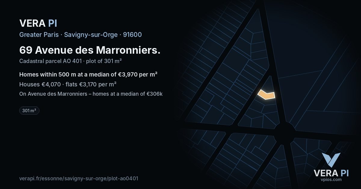 69 Avenue des Marronniers, Savigny-sur-Orge at night – the plot lit, the parcels around coloured by the prices near them