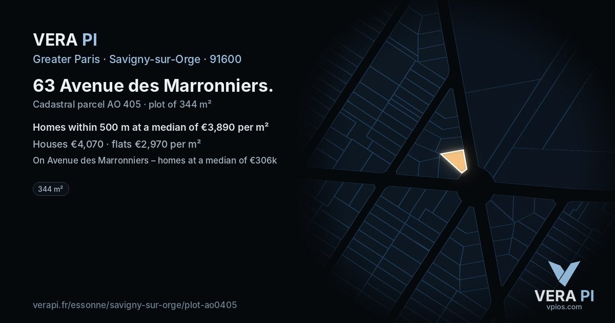 63 Avenue des Marronniers, Savigny-sur-Orge at night – the plot lit, the parcels around coloured by the prices near them