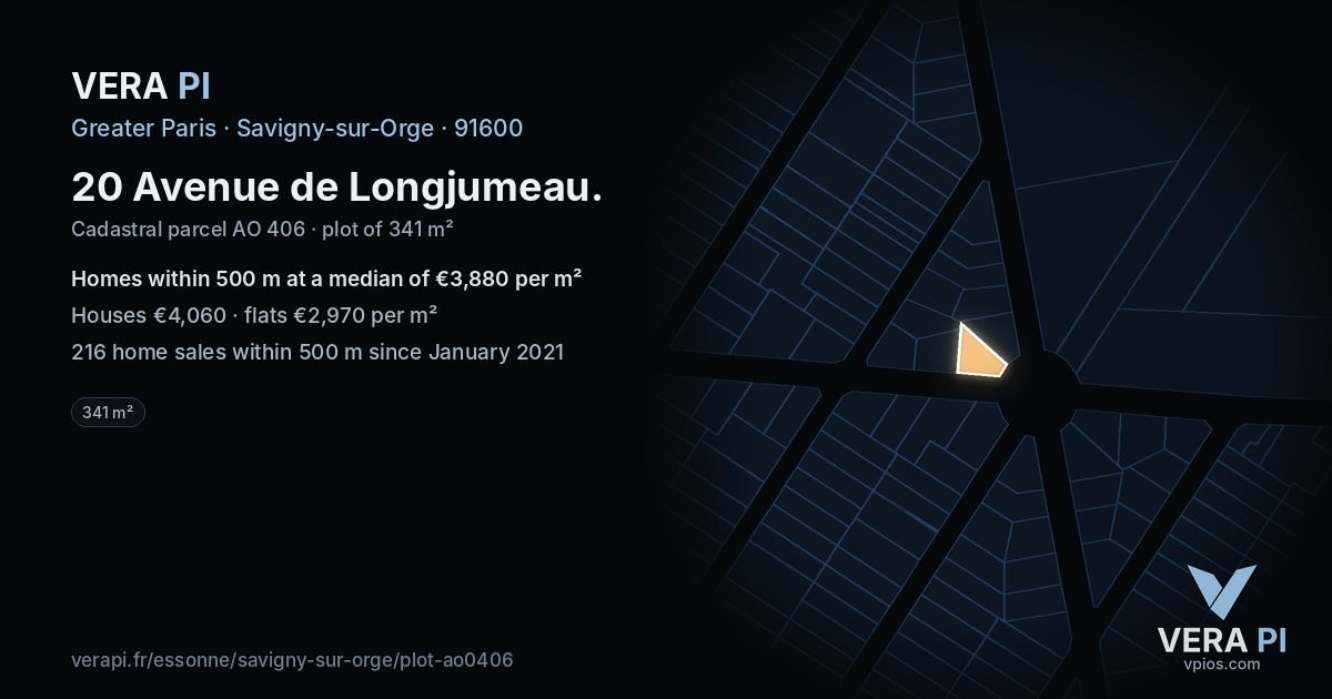 20 Avenue de Longjumeau, Savigny-sur-Orge at night – the plot lit, the parcels around coloured by the prices near them
