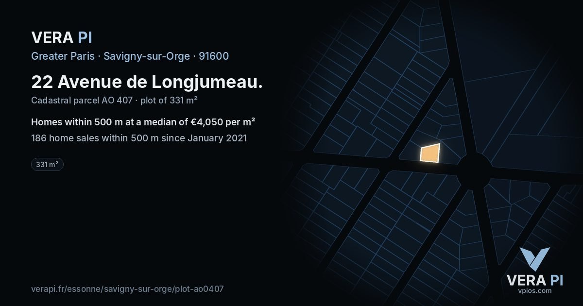 22 Avenue de Longjumeau, Savigny-sur-Orge at night – the plot lit, the parcels around coloured by the prices near them