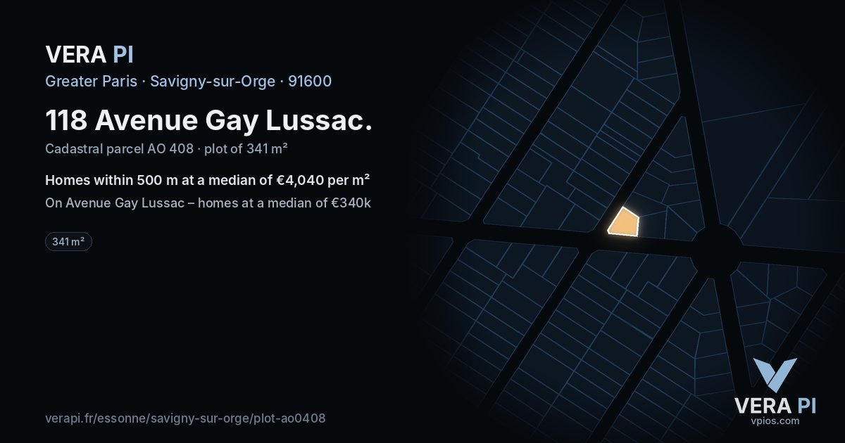 118 Avenue Gay Lussac, Savigny-sur-Orge at night – the plot lit, the parcels around coloured by the prices near them