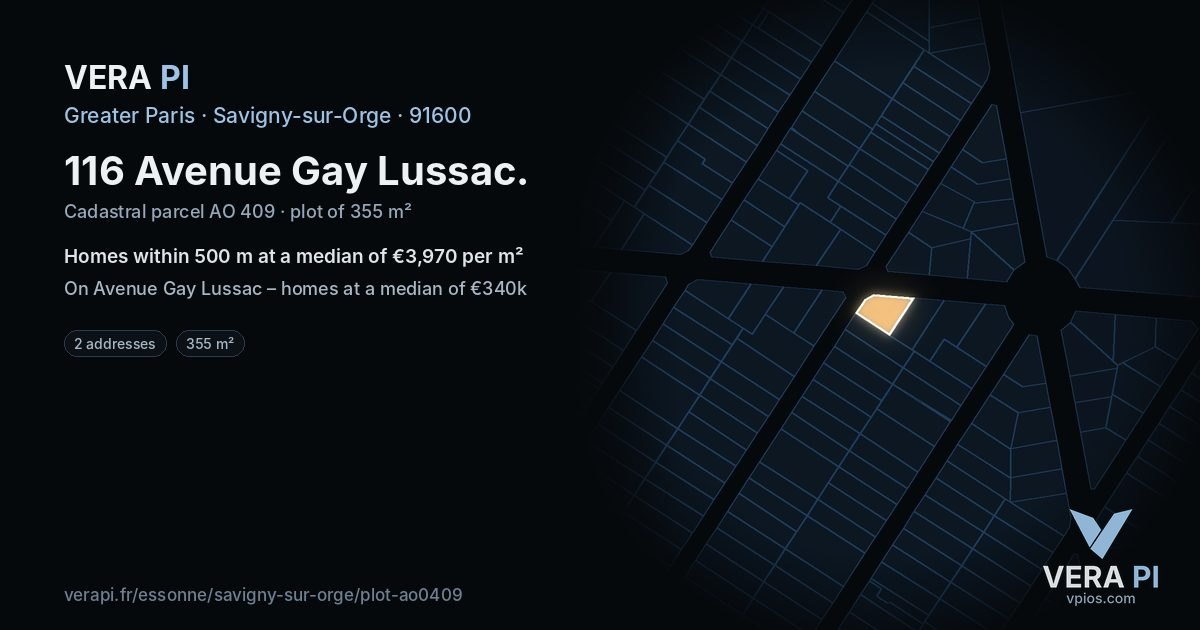116 Avenue Gay Lussac, Savigny-sur-Orge at night – the plot lit, the parcels around coloured by the prices near them
