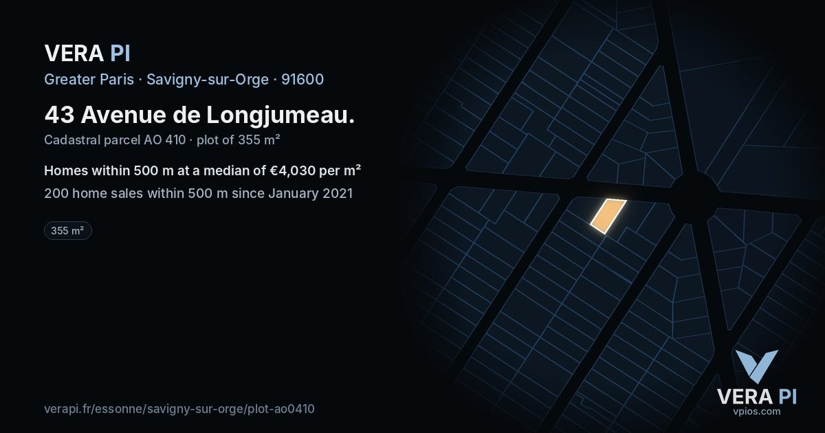 43 Avenue de Longjumeau, Savigny-sur-Orge at night – the plot lit, the parcels around coloured by the prices near them