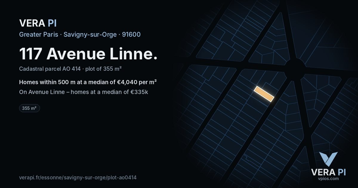 117 Avenue Linne, Savigny-sur-Orge at night – the plot lit, the parcels around coloured by the prices near them
