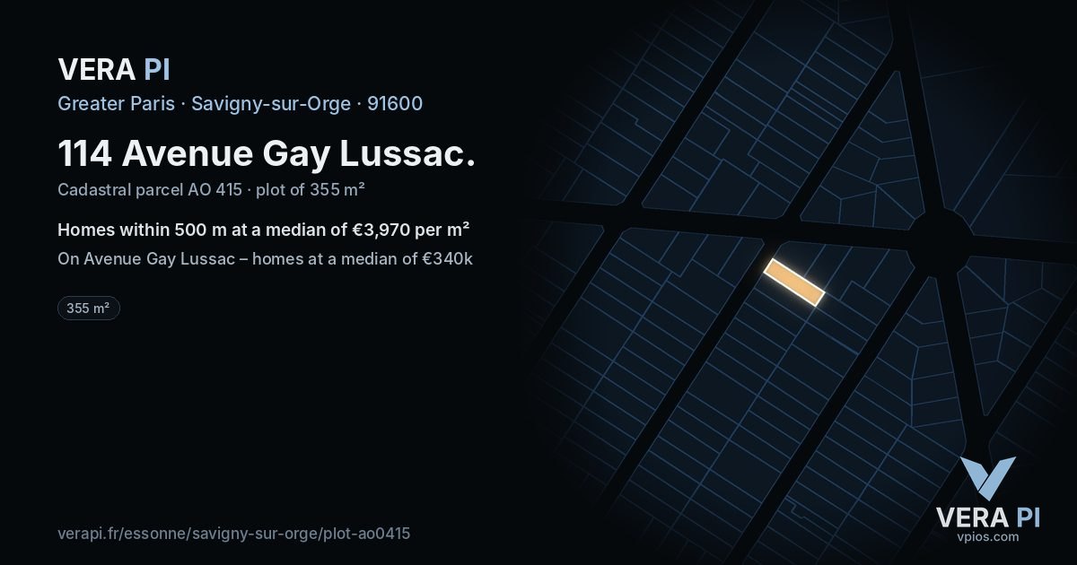 114 Avenue Gay Lussac, Savigny-sur-Orge at night – the plot lit, the parcels around coloured by the prices near them