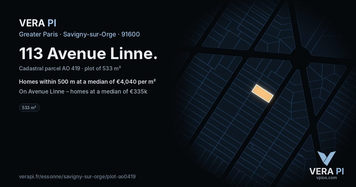 113 Avenue Linne, Savigny-sur-Orge at night – the plot lit, the parcels around coloured by the prices near them