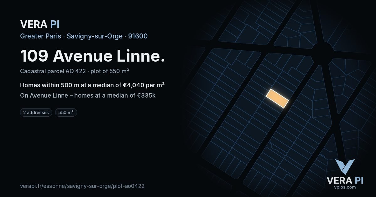 109 Avenue Linne, Savigny-sur-Orge at night – the plot lit, the parcels around coloured by the prices near them
