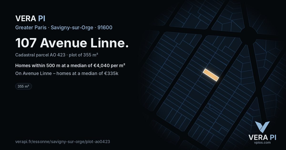 107 Avenue Linne, Savigny-sur-Orge at night – the plot lit, the parcels around coloured by the prices near them