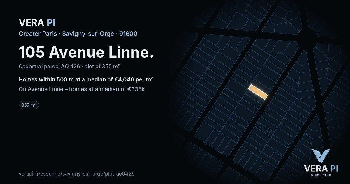 105 Avenue Linne, Savigny-sur-Orge at night – the plot lit, the parcels around coloured by the prices near them