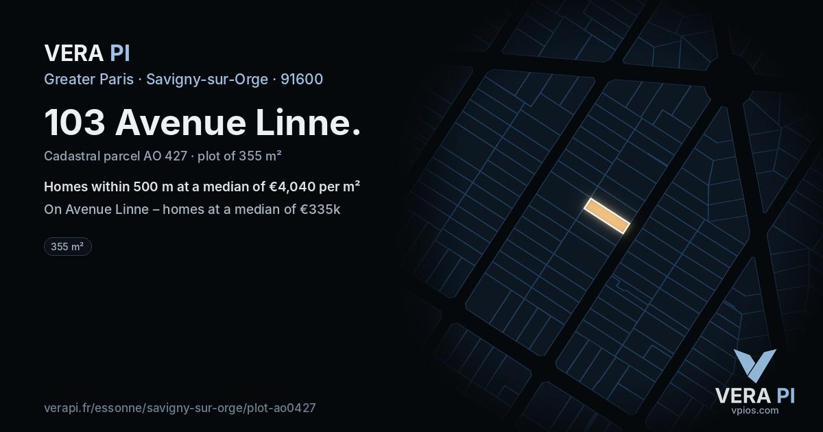 103 Avenue Linne, Savigny-sur-Orge at night – the plot lit, the parcels around coloured by the prices near them