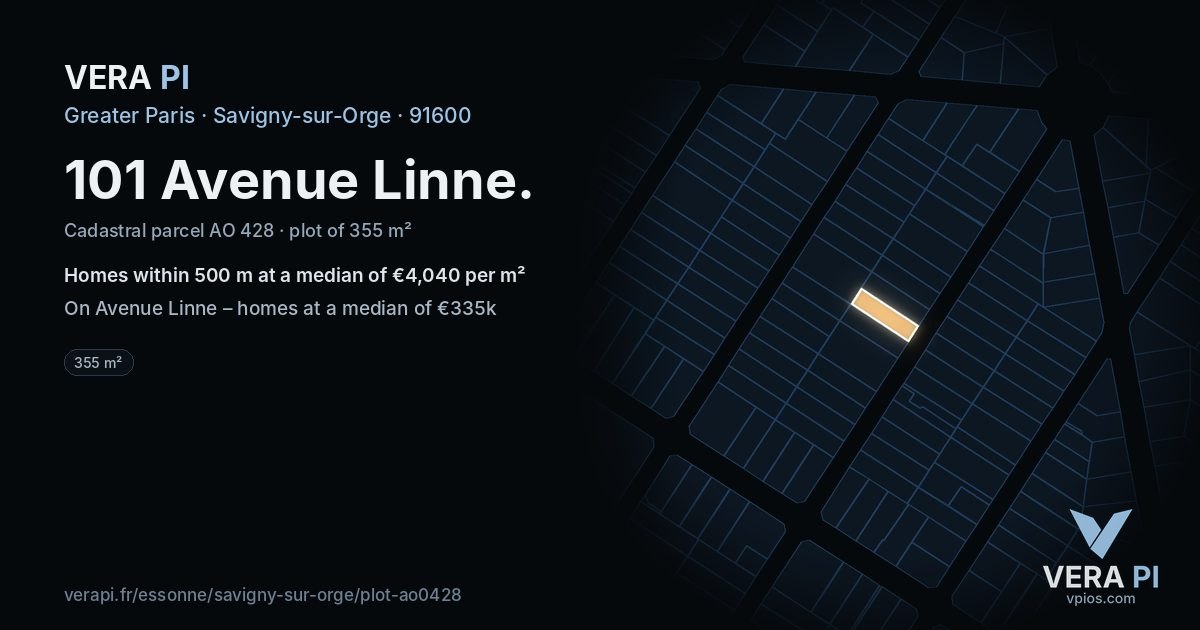 101 Avenue Linne, Savigny-sur-Orge at night – the plot lit, the parcels around coloured by the prices near them