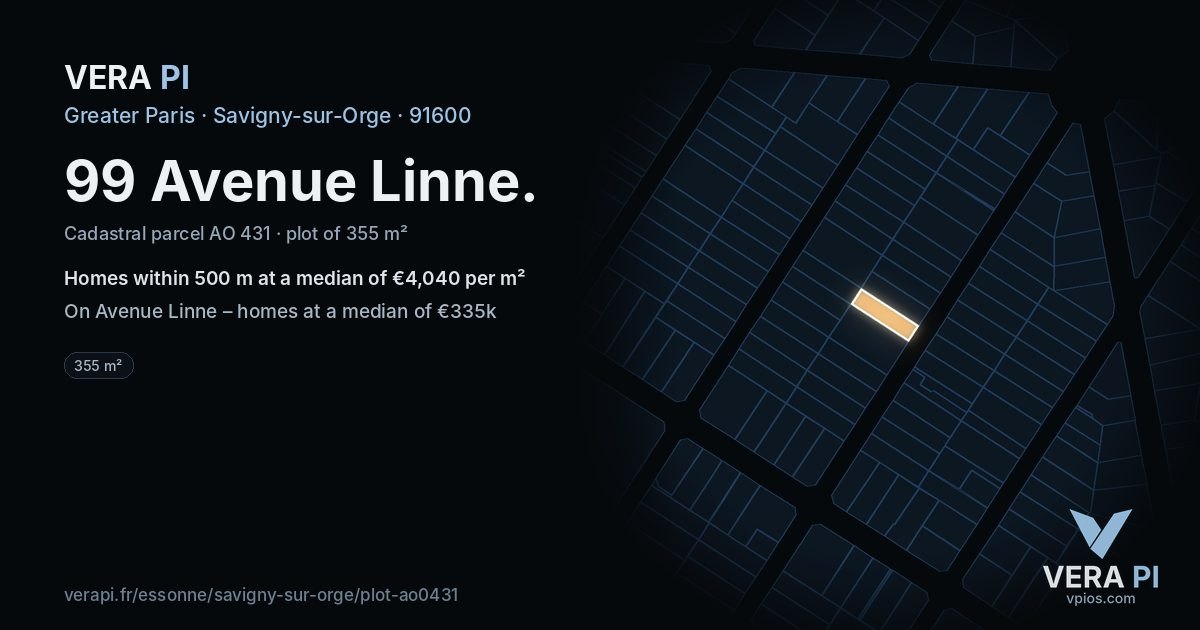99 Avenue Linne, Savigny-sur-Orge at night – the plot lit, the parcels around coloured by the prices near them