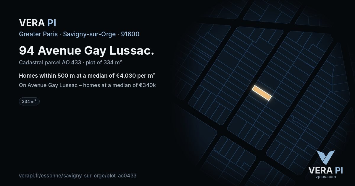 94 Avenue Gay Lussac, Savigny-sur-Orge at night – the plot lit, the parcels around coloured by the prices near them