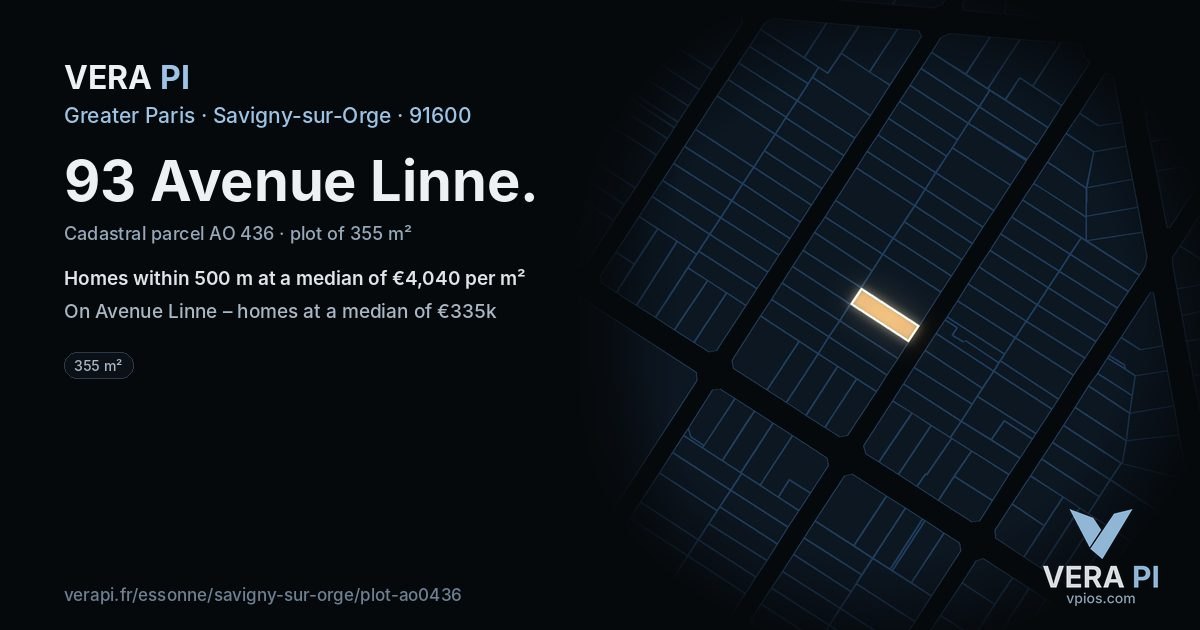 93 Avenue Linne, Savigny-sur-Orge at night – the plot lit, the parcels around coloured by the prices near them