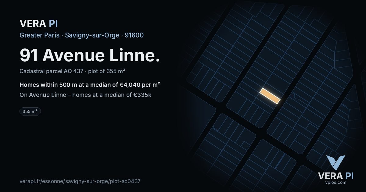 91 Avenue Linne, Savigny-sur-Orge at night – the plot lit, the parcels around coloured by the prices near them