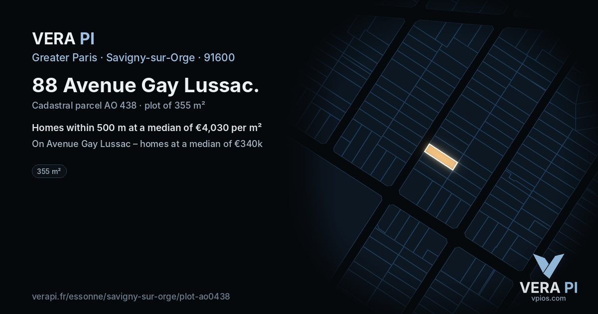 88 Avenue Gay Lussac, Savigny-sur-Orge at night – the plot lit, the parcels around coloured by the prices near them