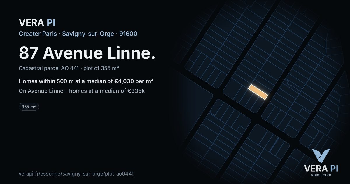 87 Avenue Linne, Savigny-sur-Orge at night – the plot lit, the parcels around coloured by the prices near them