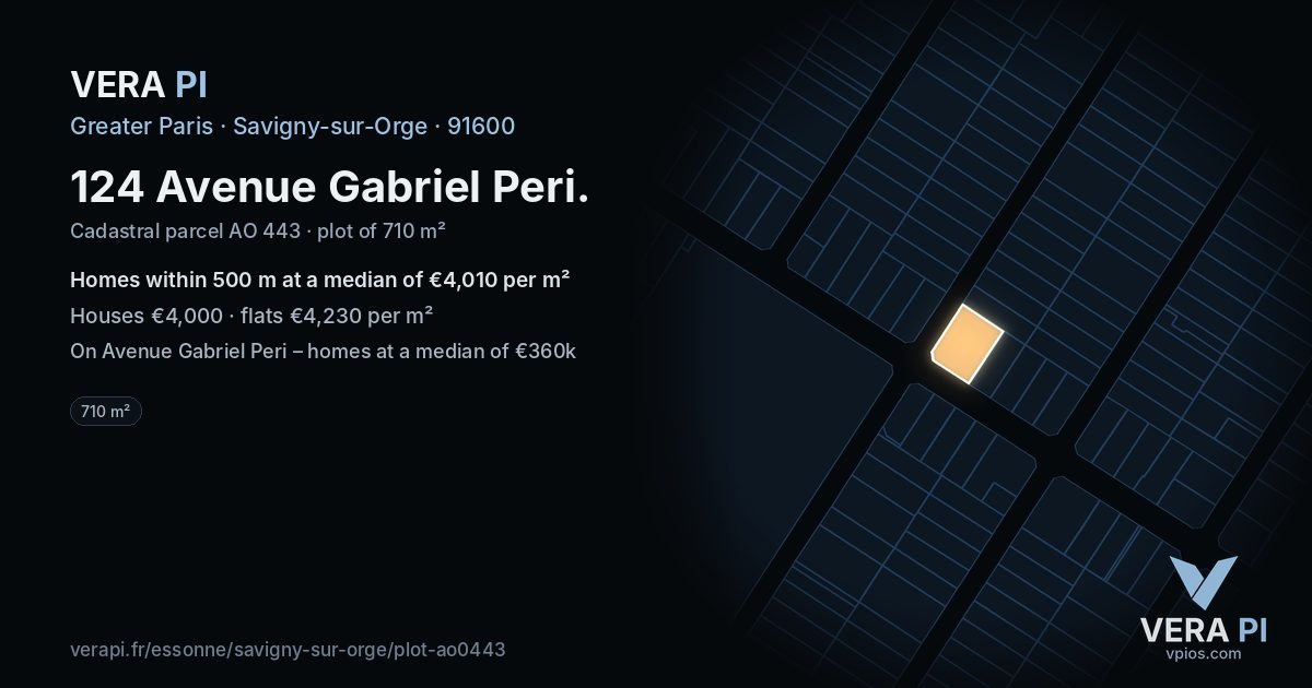 124 Avenue Gabriel Peri, Savigny-sur-Orge at night – the plot lit, the parcels around coloured by the prices near them