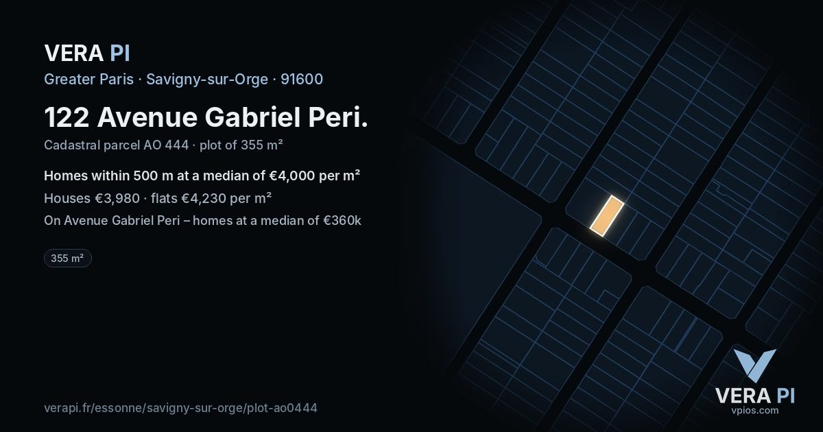 122 Avenue Gabriel Peri, Savigny-sur-Orge at night – the plot lit, the parcels around coloured by the prices near them