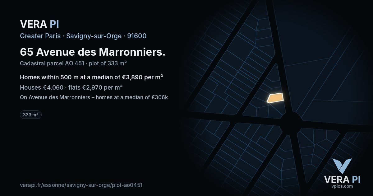 65 Avenue des Marronniers, Savigny-sur-Orge at night – the plot lit, the parcels around coloured by the prices near them