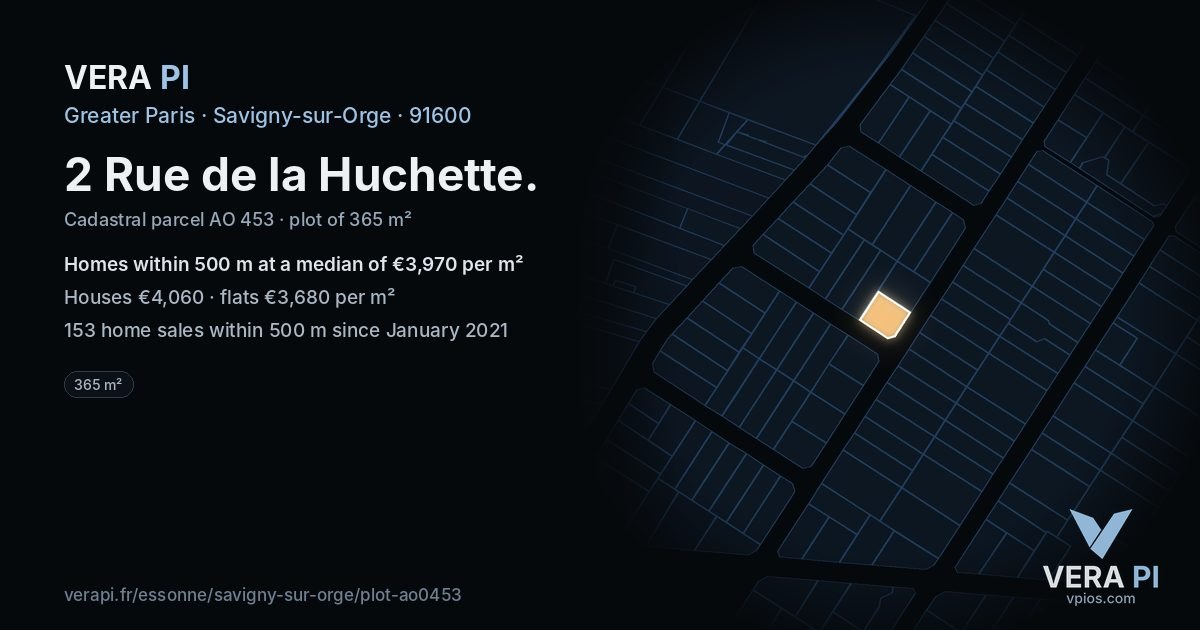 2 Rue de la Huchette, Savigny-sur-Orge at night – the plot lit, the parcels around coloured by the prices near them