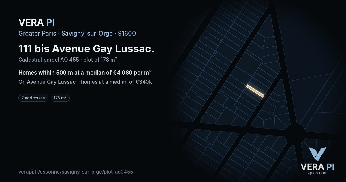 111 bis Avenue Gay Lussac, Savigny-sur-Orge at night – the plot lit, the parcels around coloured by the prices near them