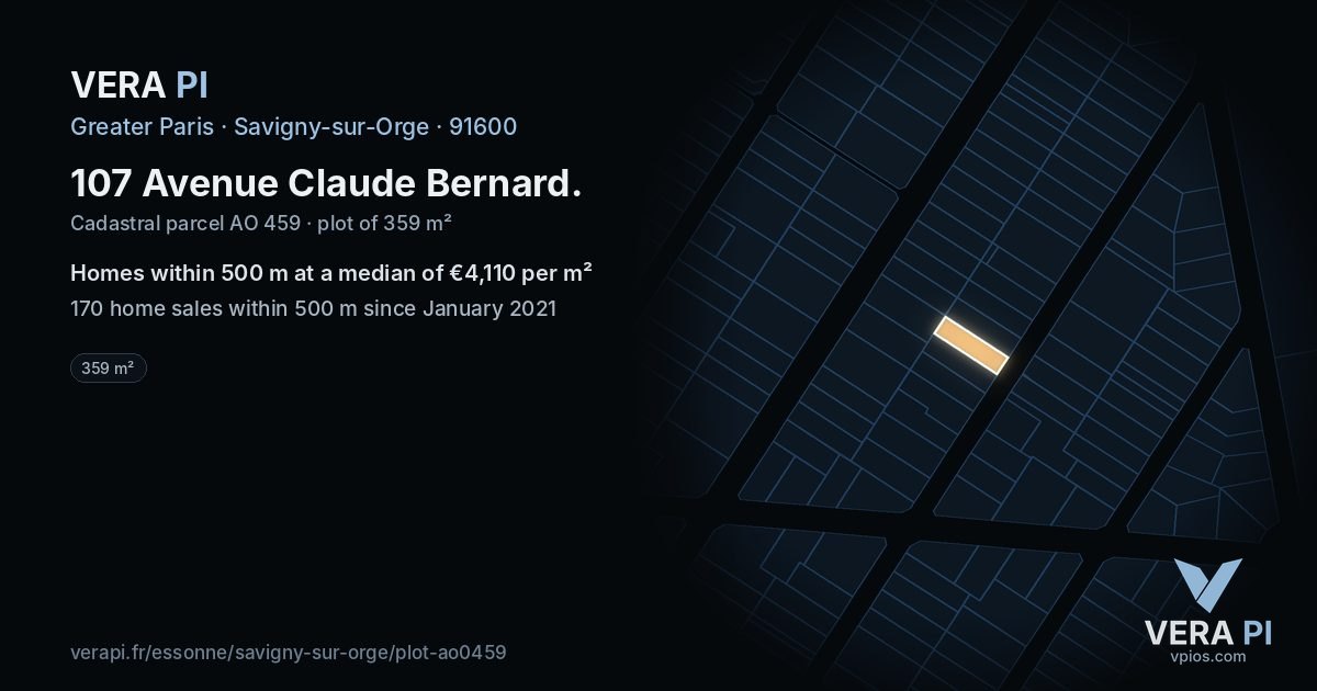 107 Avenue Claude Bernard, Savigny-sur-Orge at night – the plot lit, the parcels around coloured by the prices near them