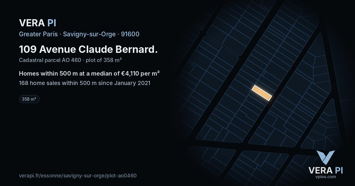 109 Avenue Claude Bernard, Savigny-sur-Orge at night – the plot lit, the parcels around coloured by the prices near them