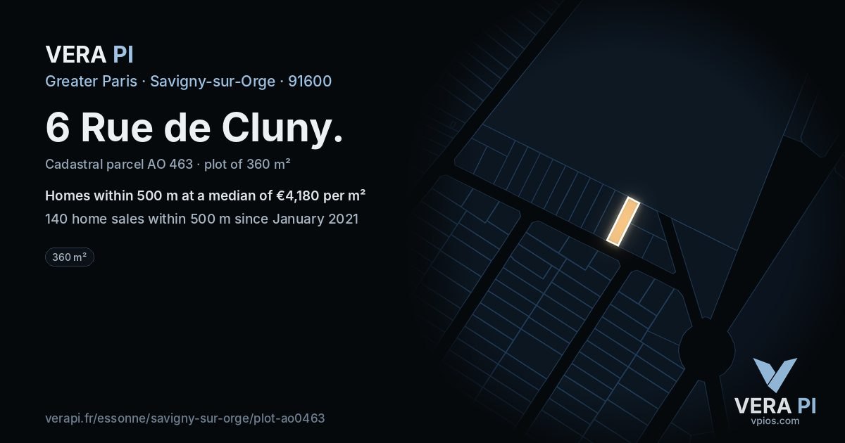 6 Rue de Cluny, Savigny-sur-Orge at night – the plot lit, the parcels around coloured by the prices near them