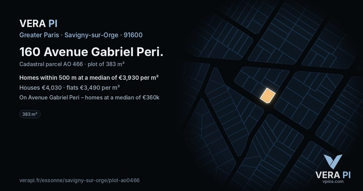 160 Avenue Gabriel Peri, Savigny-sur-Orge at night – the plot lit, the parcels around coloured by the prices near them