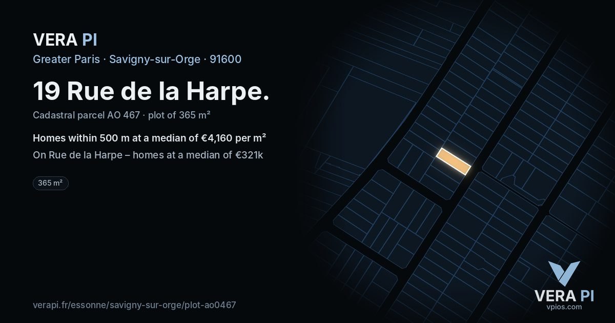 19 Rue de la Harpe, Savigny-sur-Orge at night – the plot lit, the parcels around coloured by the prices near them