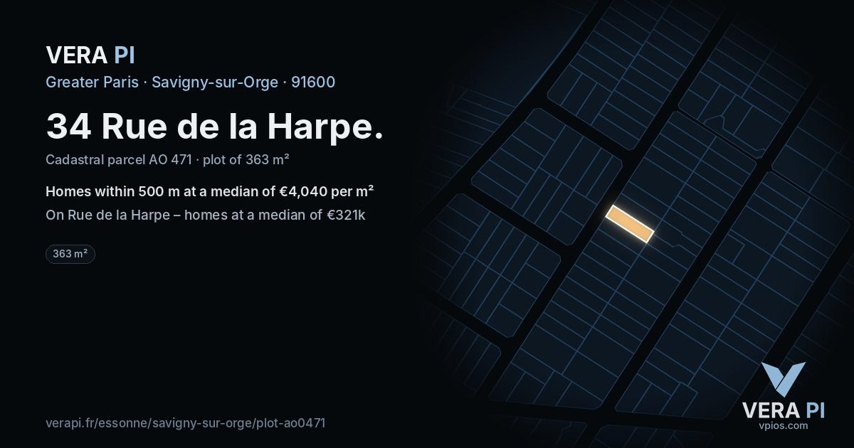 34 Rue de la Harpe, Savigny-sur-Orge at night – the plot lit, the parcels around coloured by the prices near them