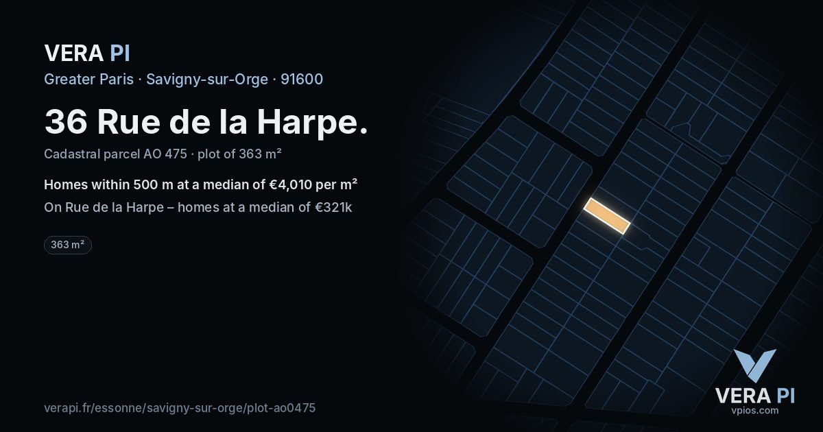 36 Rue de la Harpe, Savigny-sur-Orge at night – the plot lit, the parcels around coloured by the prices near them