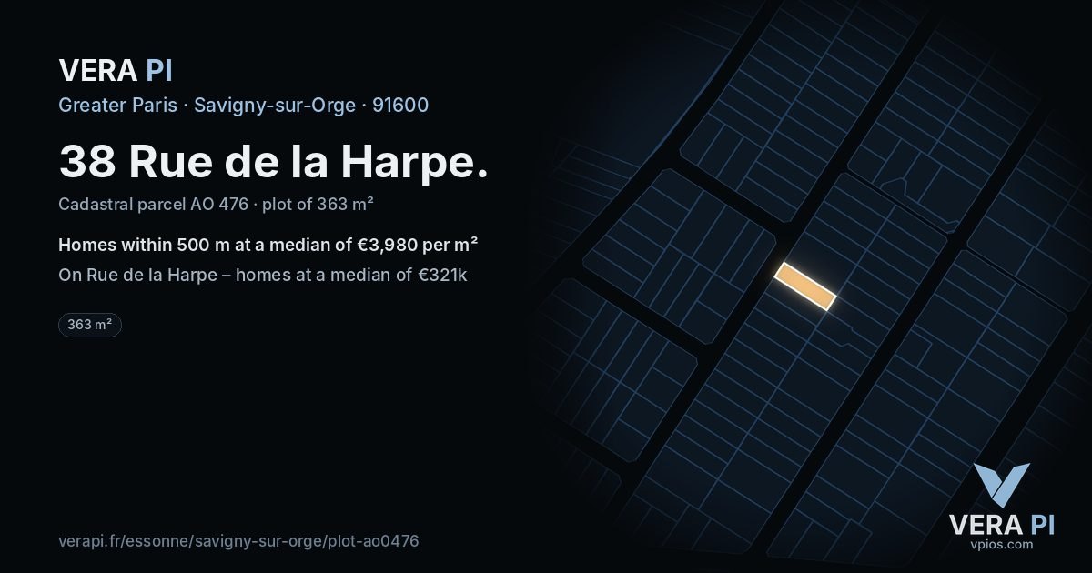38 Rue de la Harpe, Savigny-sur-Orge at night – the plot lit, the parcels around coloured by the prices near them