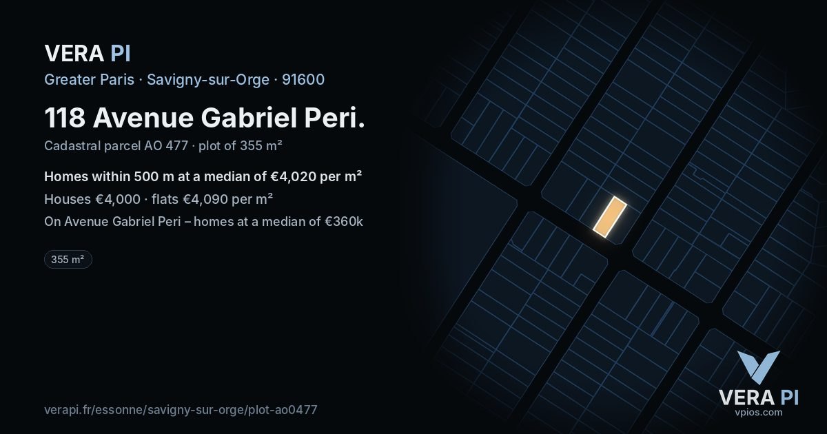 118 Avenue Gabriel Peri, Savigny-sur-Orge at night – the plot lit, the parcels around coloured by the prices near them