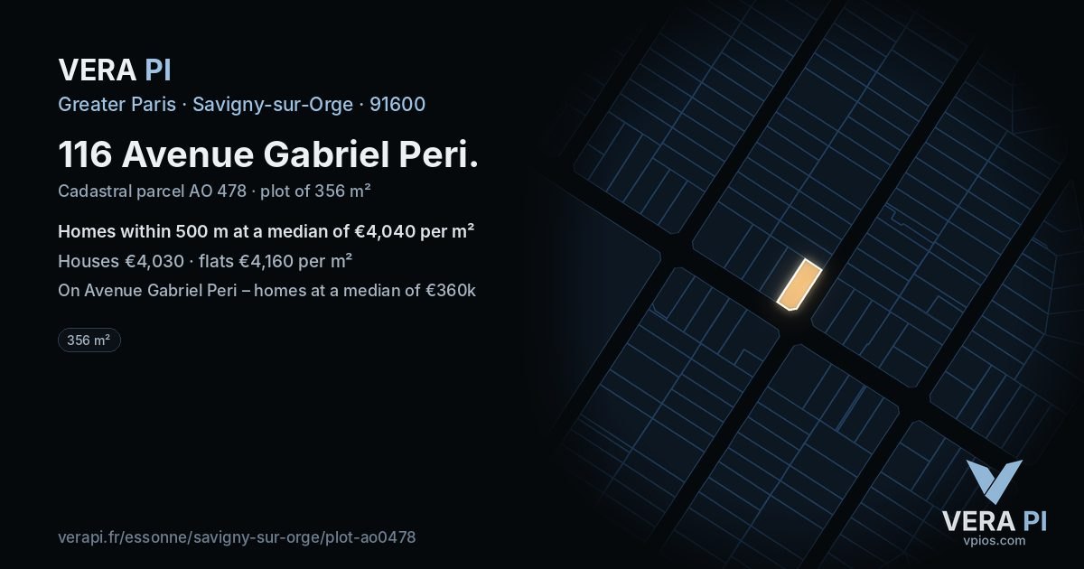 116 Avenue Gabriel Peri, Savigny-sur-Orge at night – the plot lit, the parcels around coloured by the prices near them