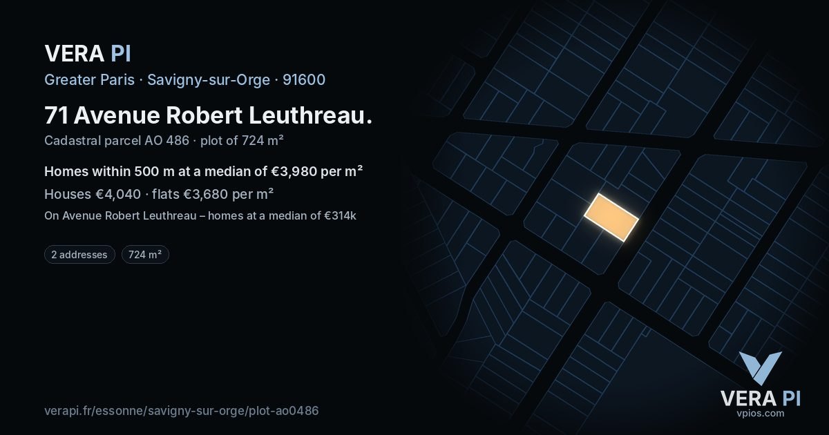 71 Avenue Robert Leuthreau, Savigny-sur-Orge at night – the plot lit, the parcels around coloured by the prices near them