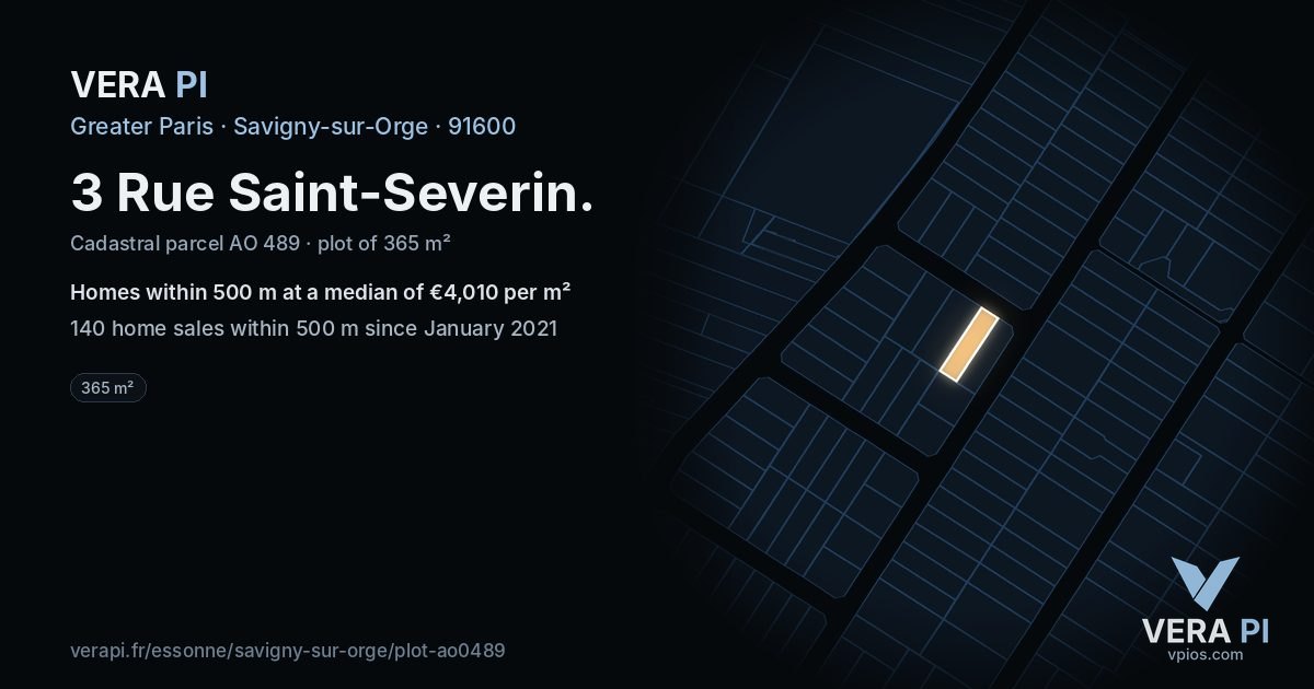 3 Rue Saint-Severin, Savigny-sur-Orge at night – the plot lit, the parcels around coloured by the prices near them