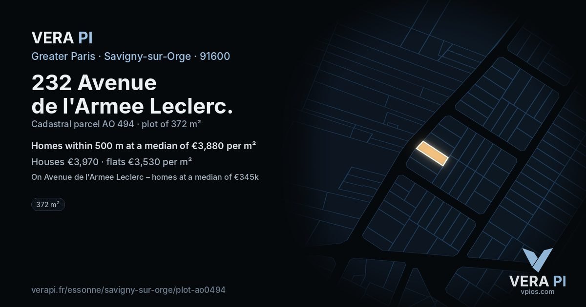232 Avenue de l'Armee Leclerc, Savigny-sur-Orge at night – the plot lit, the parcels around coloured by the prices near them