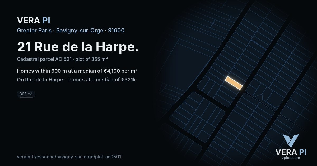 21 Rue de la Harpe, Savigny-sur-Orge at night – the plot lit, the parcels around coloured by the prices near them