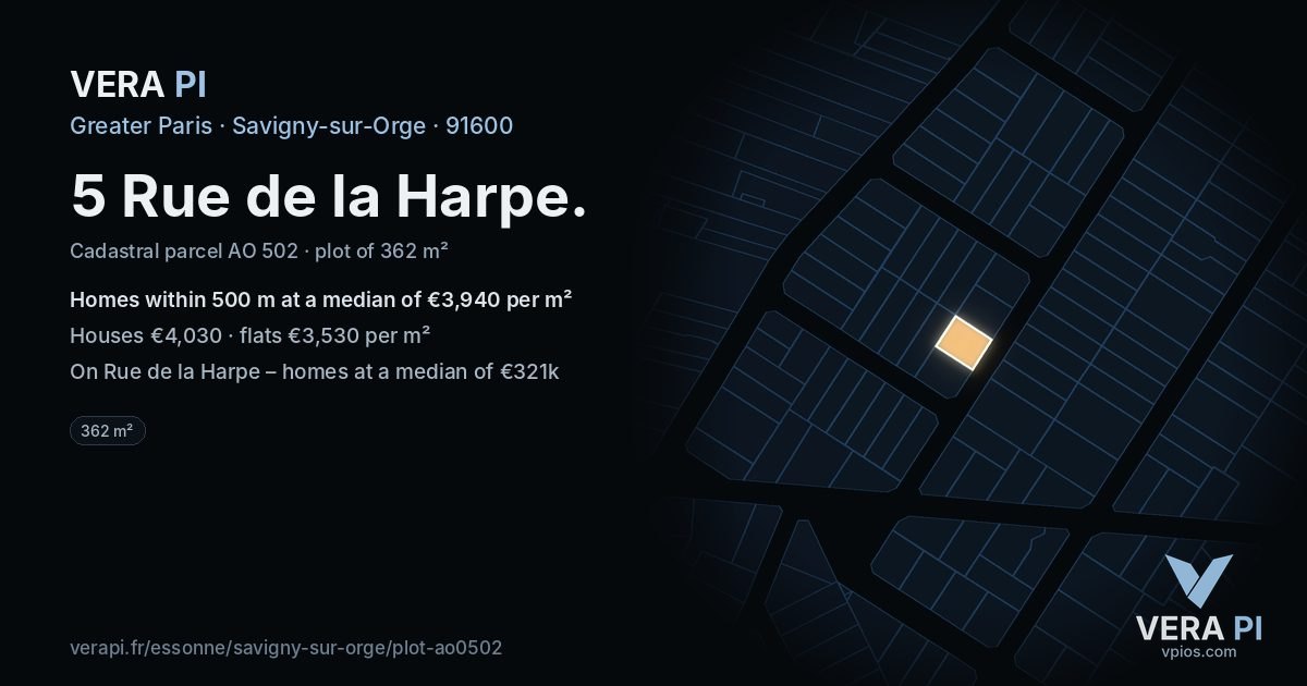 5 Rue de la Harpe, Savigny-sur-Orge at night – the plot lit, the parcels around coloured by the prices near them