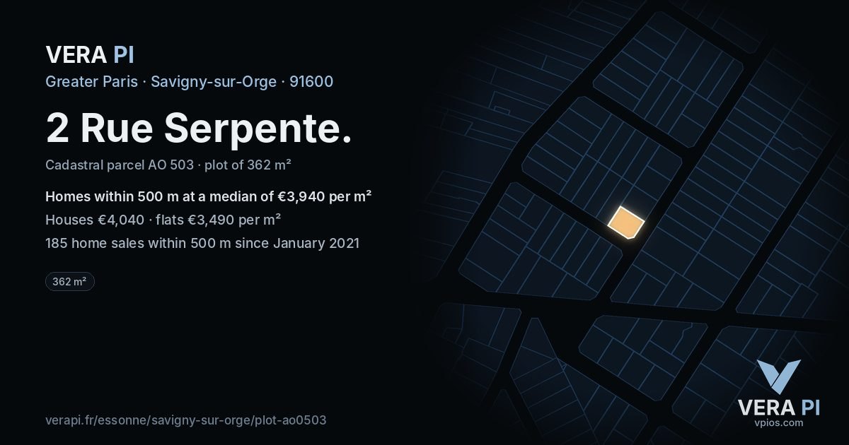 2 Rue Serpente, Savigny-sur-Orge at night – the plot lit, the parcels around coloured by the prices near them