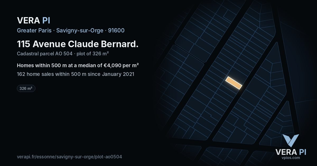 115 Avenue Claude Bernard, Savigny-sur-Orge at night – the plot lit, the parcels around coloured by the prices near them