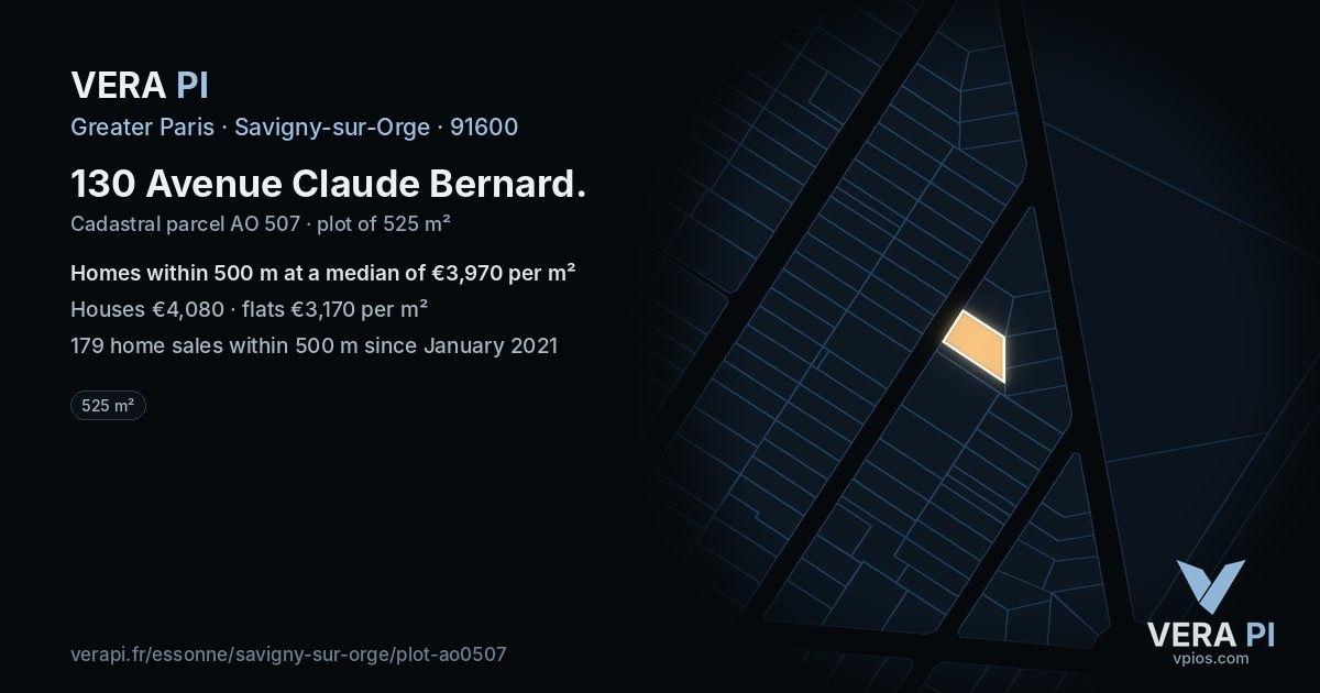 130 Avenue Claude Bernard, Savigny-sur-Orge at night – the plot lit, the parcels around coloured by the prices near them