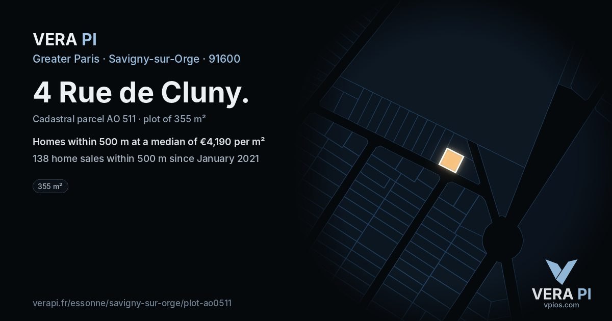 4 Rue de Cluny, Savigny-sur-Orge at night – the plot lit, the parcels around coloured by the prices near them