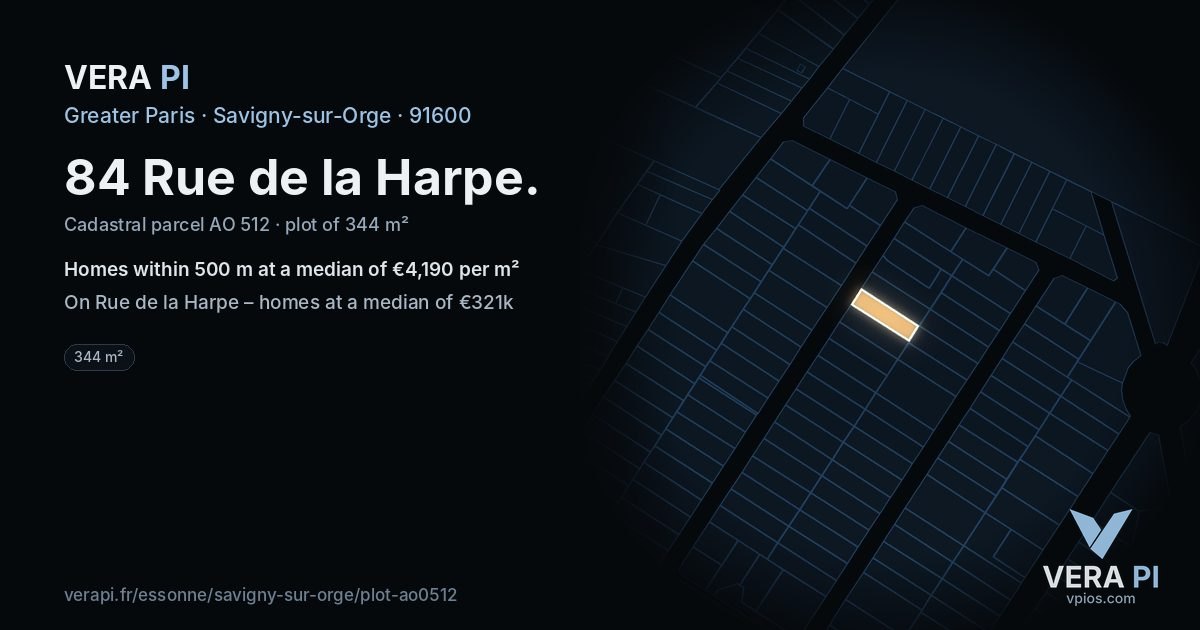 84 Rue de la Harpe, Savigny-sur-Orge at night – the plot lit, the parcels around coloured by the prices near them